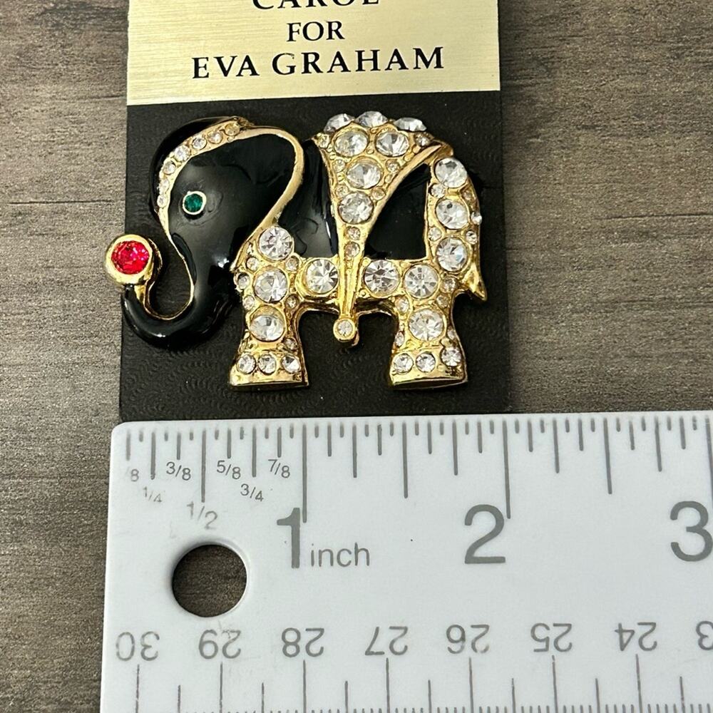 Carol for Eva Graham Black Enamel Gold tone Rhinestones Elephant Brooch #A88 - Picture 3 of 4